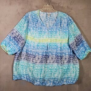 Catherines Top Womens 22W Blue Green Tribal Print Coastal Boho Resortwear Casual